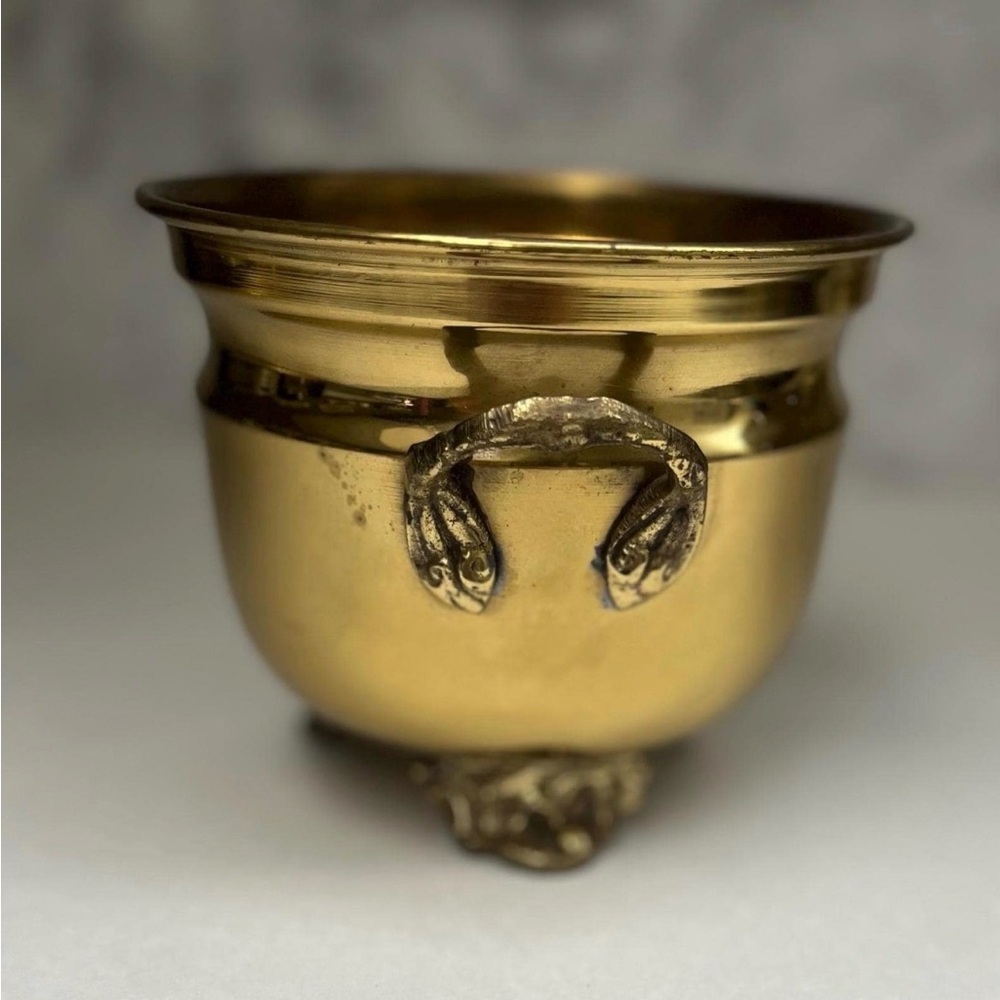 Vintage Solid Brass Footed Planter Pot with Handles